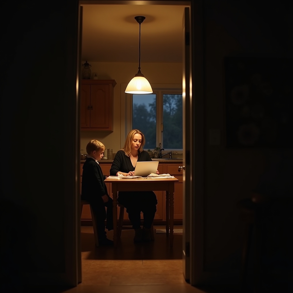 Family scene at a kitchen table with financial papers visible, warm nostalgic lighting, medium shot