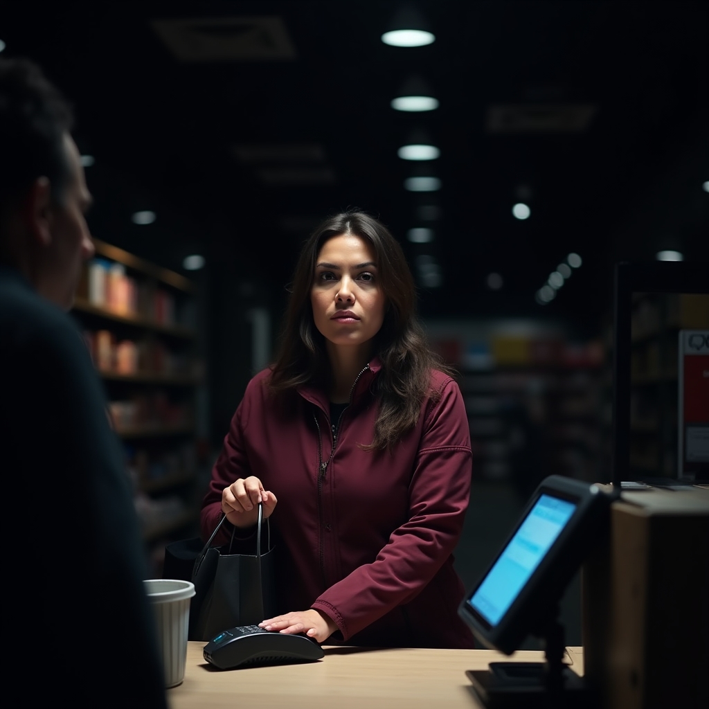 Person standing in a retail environment, hesitating at checkout, moody atmospheric lighting
