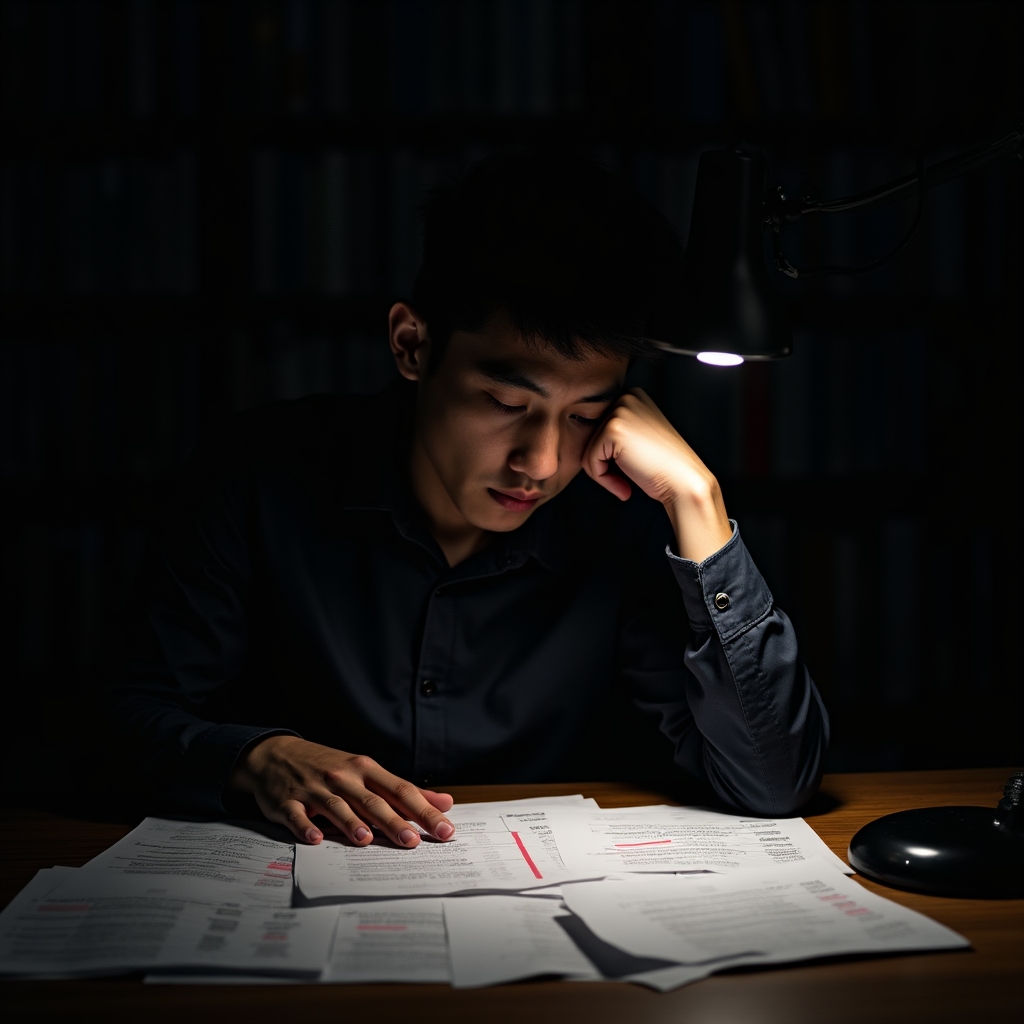 Individual sitting alone at a desk with financial documents, expression of concern, low-key dramatic lighting