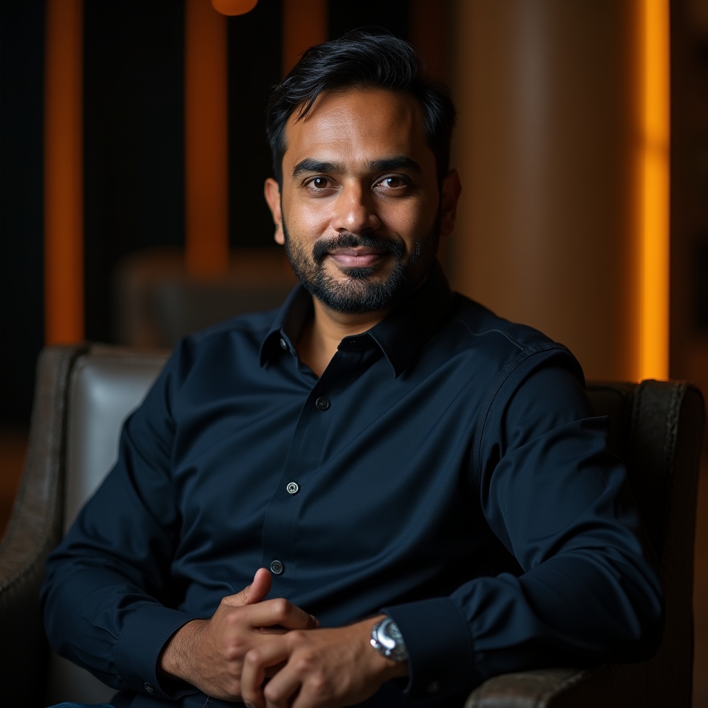 Webinar facilitator, professional in their 30s, seated in a modern office, confident and approachable expression