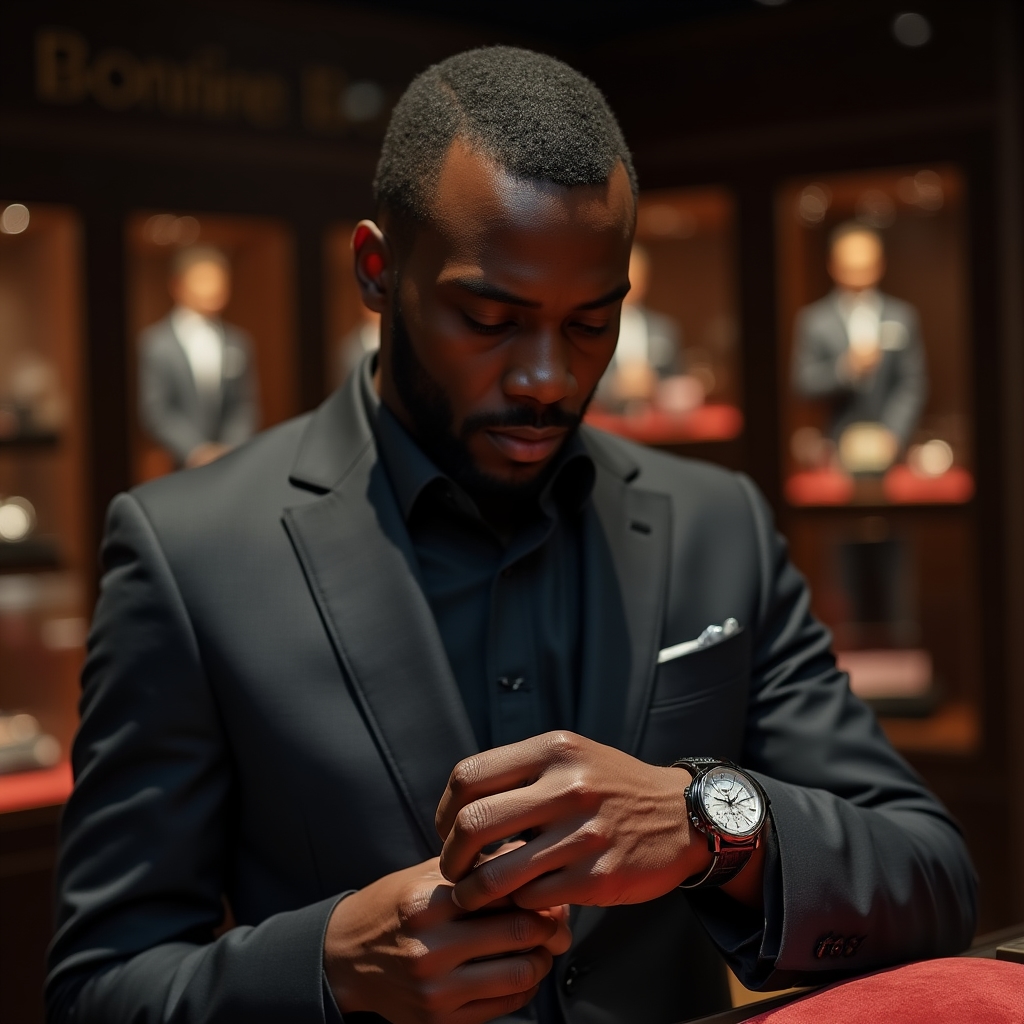 Young professional examining luxury goods in a boutique, contemplative mood, soft overhead lighting