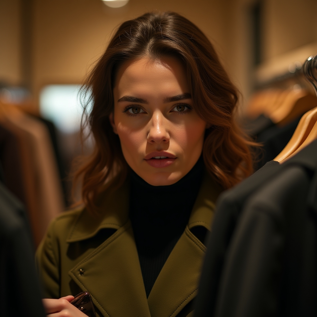 Close-up of a person pausing before a purchase decision, thoughtful expression, warm interior lighting