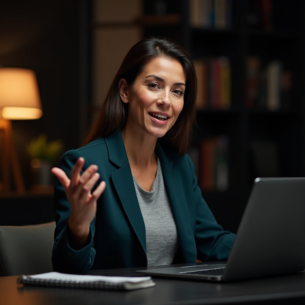 Facilitator conducting a webinar session, professional environment, thoughtful engaged expression, warm directional lighting